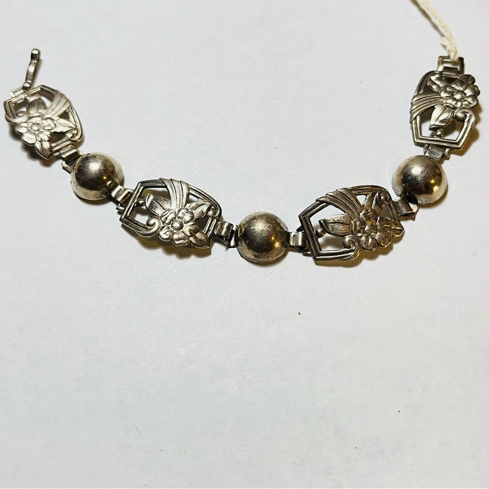 Vintage Sterling Silver Floral Panel Bracelet Pansies SS 7” Flower Power